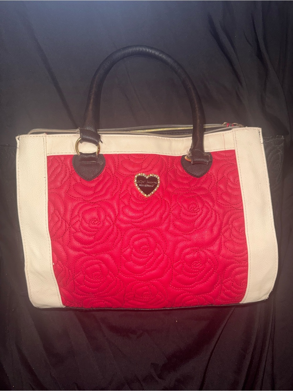 Betsey Johnson red quilted rose satchel tote bag